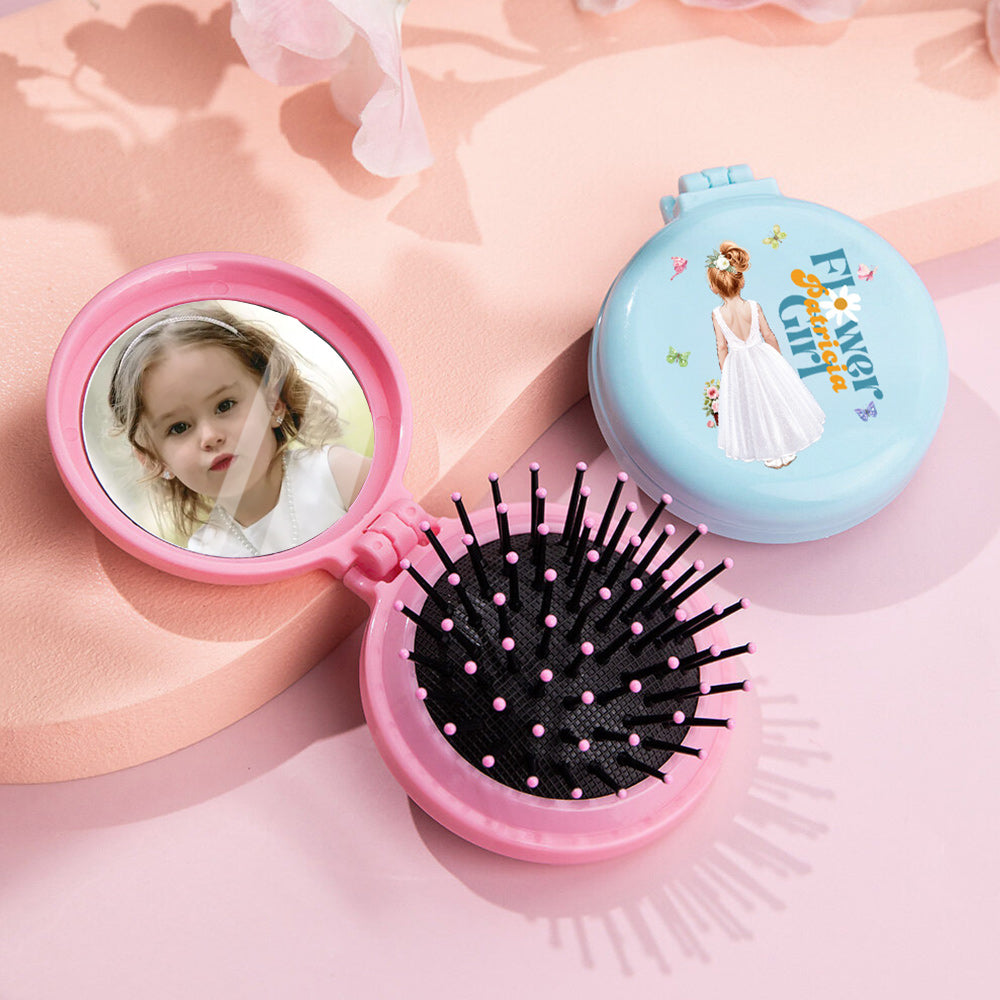 Cepillo de pelo plegable con espejo y nombre, personalizado, de mariposa, de dibujos animados, para niña de las flores.