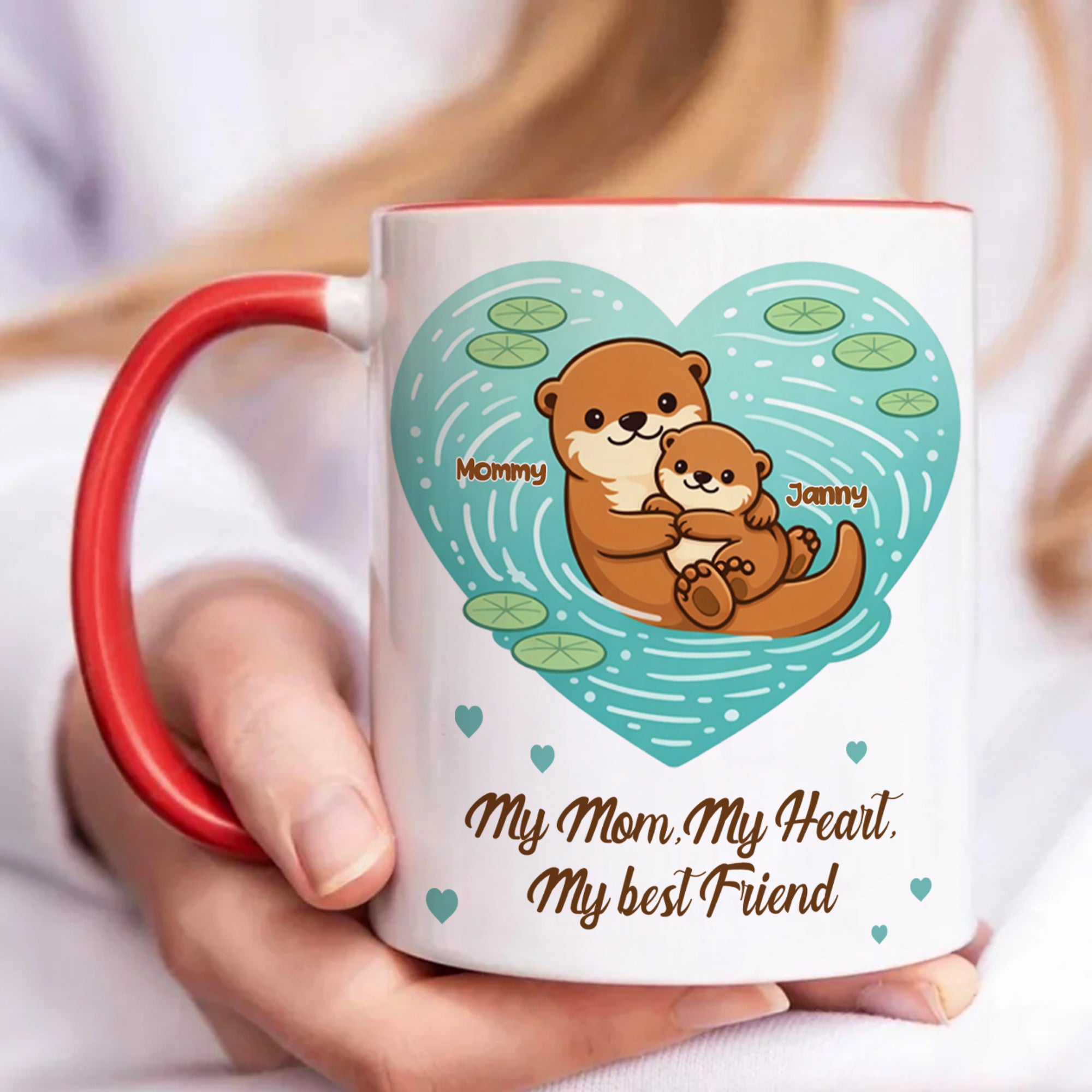 Taza de cerámica con nombres y posavasos Personalizada Nutria de dibujos animados Madre e hijo Regalo del Día de la Madre para Mamá Abuela