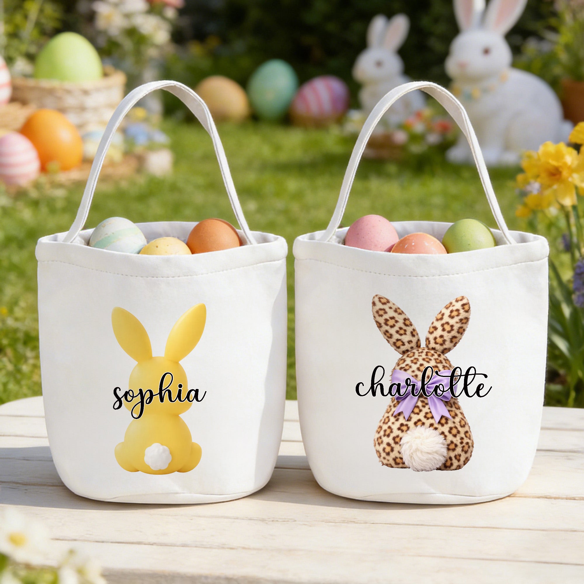 Personalizado lindo conejo de acuarela de gran capacidad de la cesta de Pascua de lona con el nombre de los huevos de caza del Día de Pascua de regalo para los niños