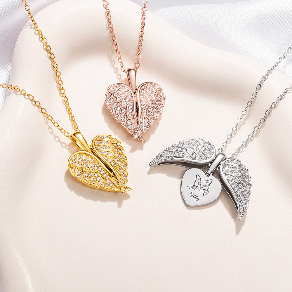 Personalizado Zircon Angel Wings Dog Cat Portrait Heart Necklace Dainty Jewelry Birthday Pet Loss Memorial Gift for Pet Owners Lovers