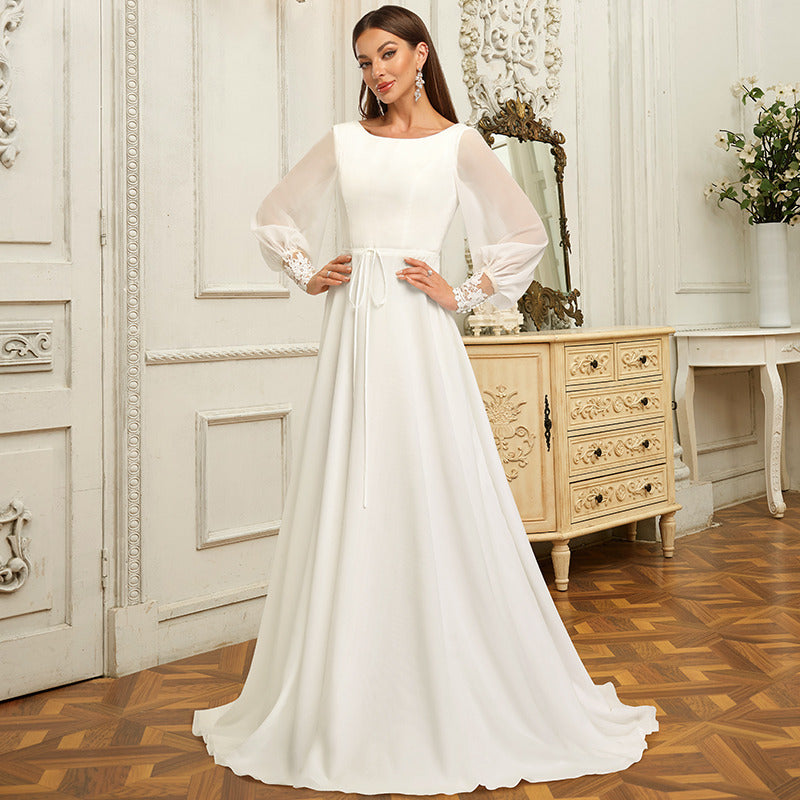Bridal Wedding Dress Ivory Long Sleeve Long Scoop Ball-Gown Princess