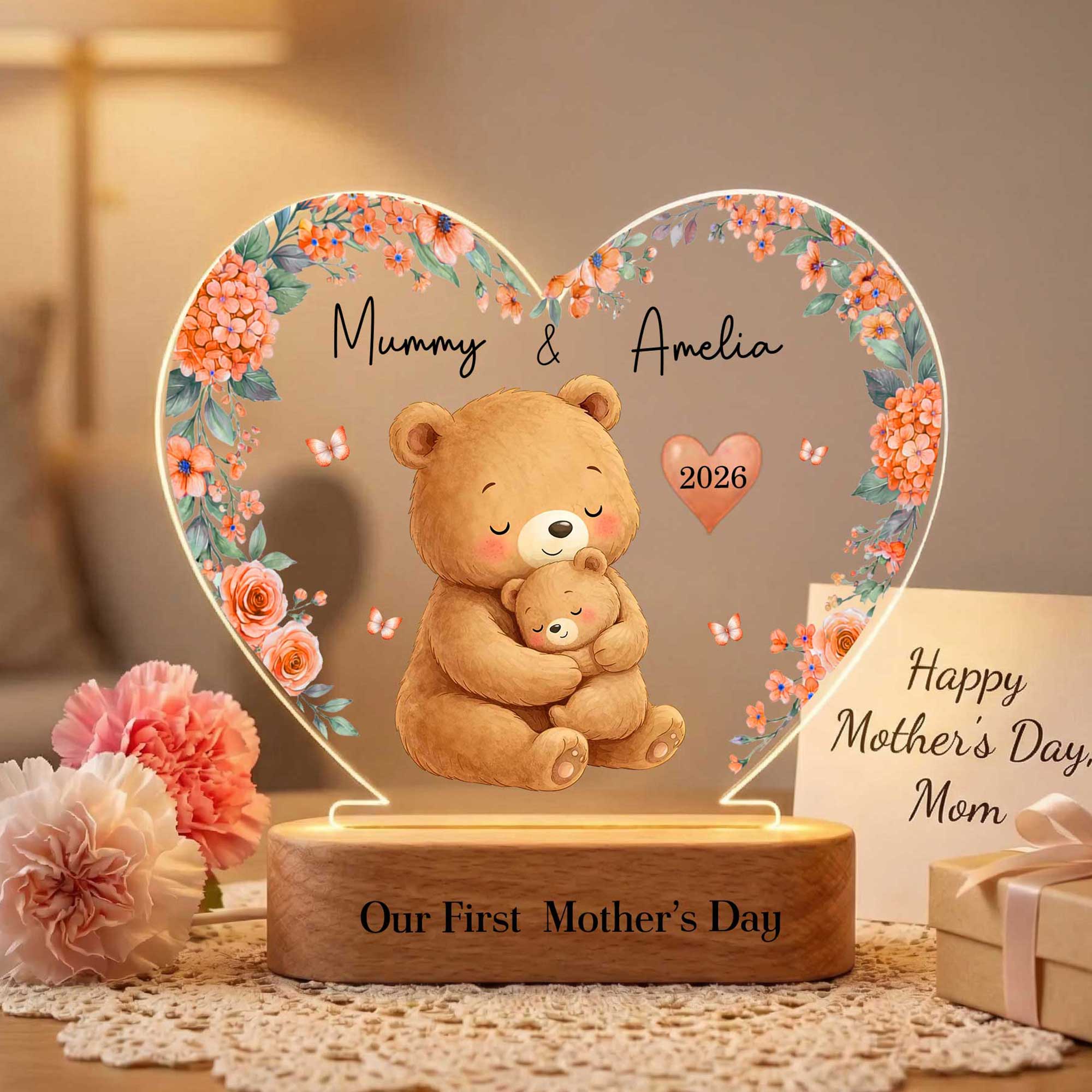 Lámpara de noche LED personalizada con nombre y base de madera en forma de corazón floral de animal de mamá e hijo Primer regalo del Día de la Madre para la nueva mamá