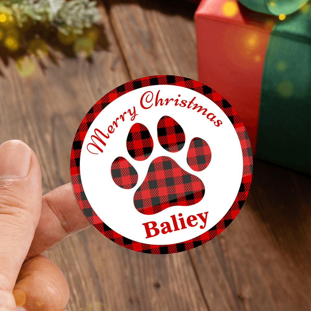 Personalizada a cuadros Paw Print Diseño Etiquetas Adhesivas con Nombre y Texto Regalo Decoración Fiesta de Navidad Favores para la Familia Amigo
