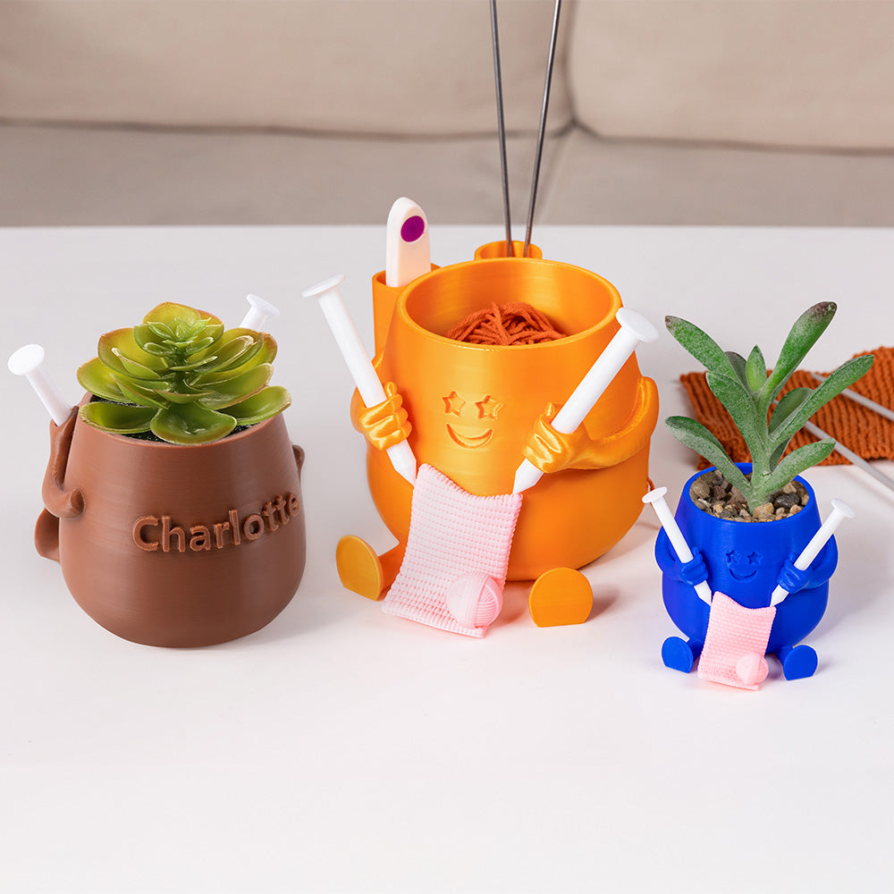 Personalizado 3D impreso Smiling Face Knitted Plant Pot Yarn Bowl with Text Knitting Tool Storage Desktop Decor Birthday Gift for Knitting Lovers