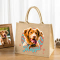 Personalizada Pintura al Óleo Estilo Mascota Foto Cuadriculada Bolsa de Yute Tote con Nombre Uso Diario Regalo de Cumpleaños para Mujeres Dueñas de Mascotas