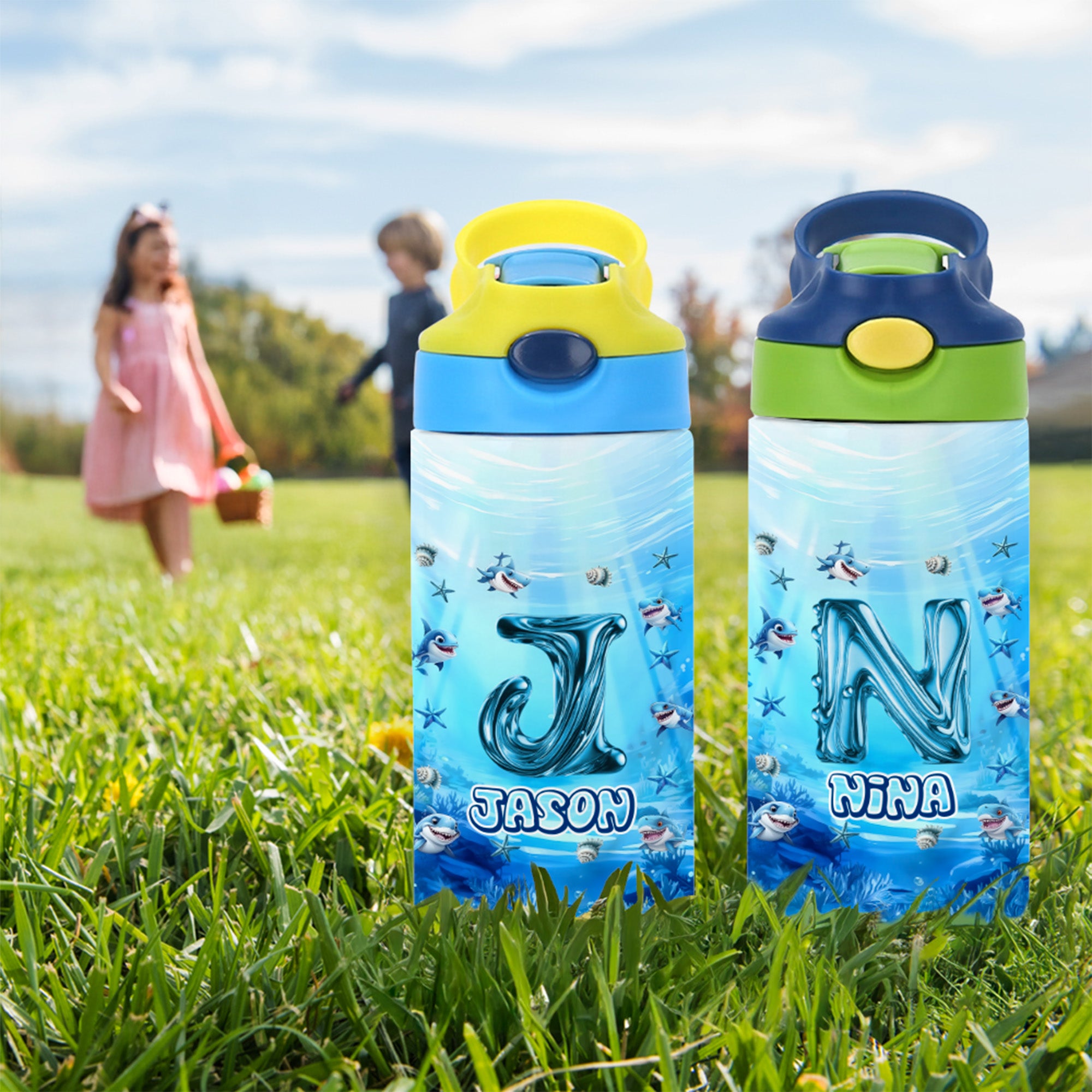 Botella de agua de 12 oz personalizada con nombre e inicial de tiburón para beber a diario Regalo de cumpleaños para niño niña