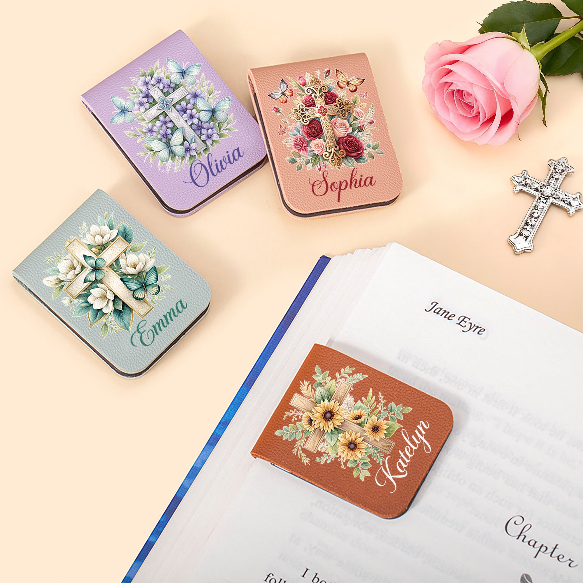 Personalizado Multi-Flower Cross PU Leather Magnetic Bookmark Clip with Name Christmas Birthday Gift for Bookworms Reading Lovers