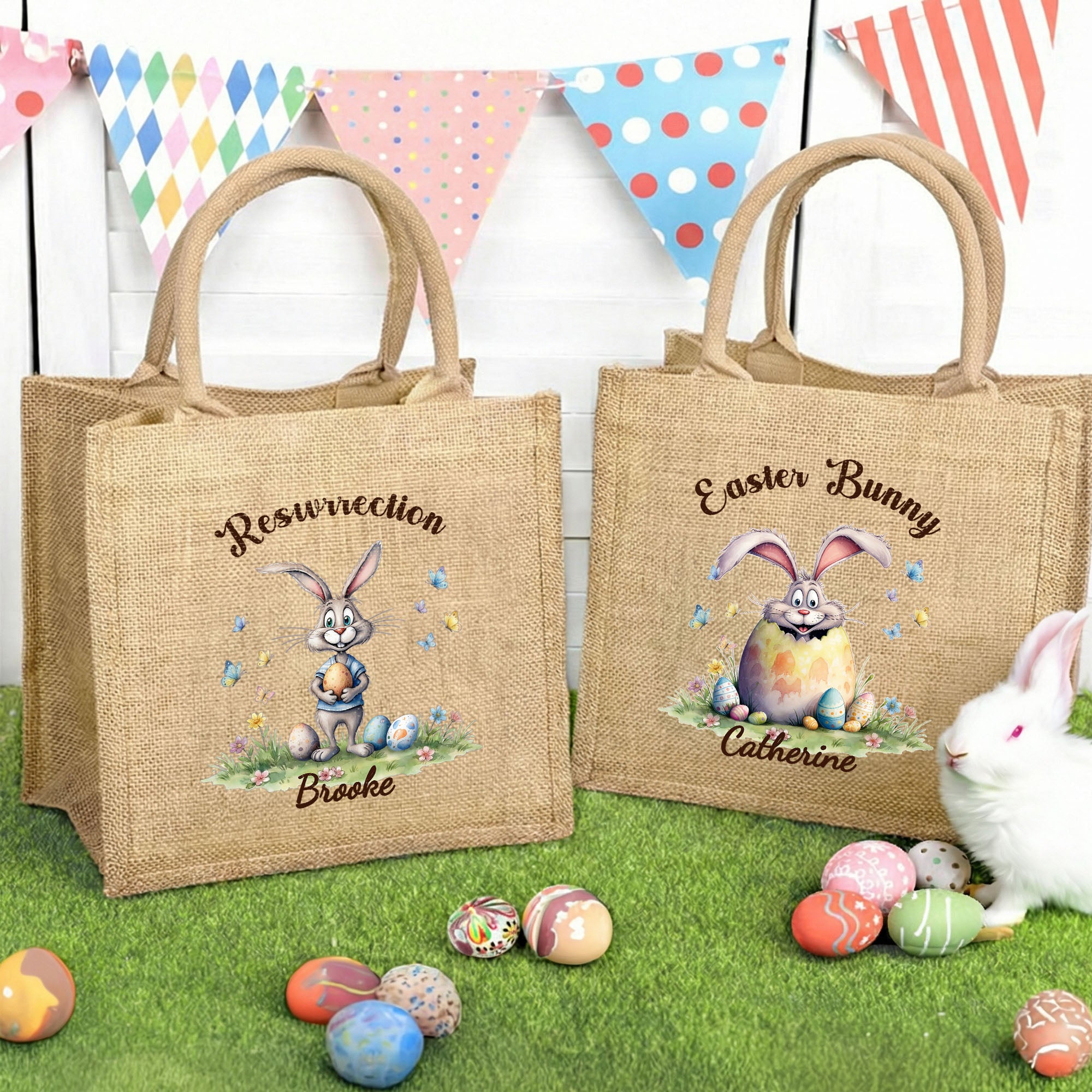 Conejito de Pascua feliz personalizado Bolsa de yute grande con nombre y texto Fiesta de Pascua Regalo para niños Niñas