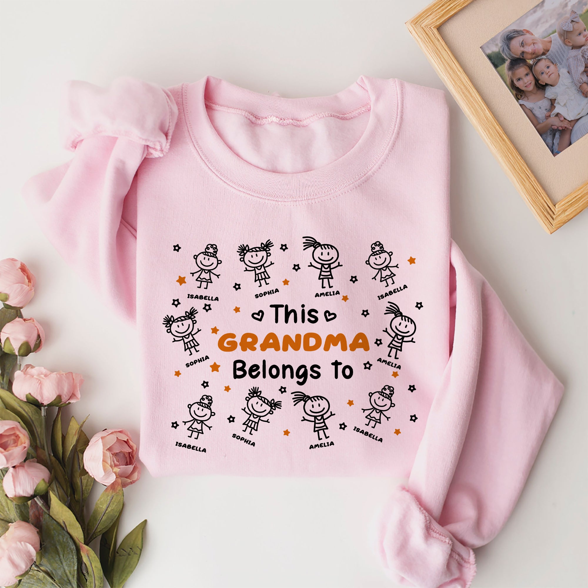 Personalizada Cute Line Cartoon Character Soft Camiseta Sudadera con Nombre Regalo de Cumpleaños para la Familia Abuela Mama