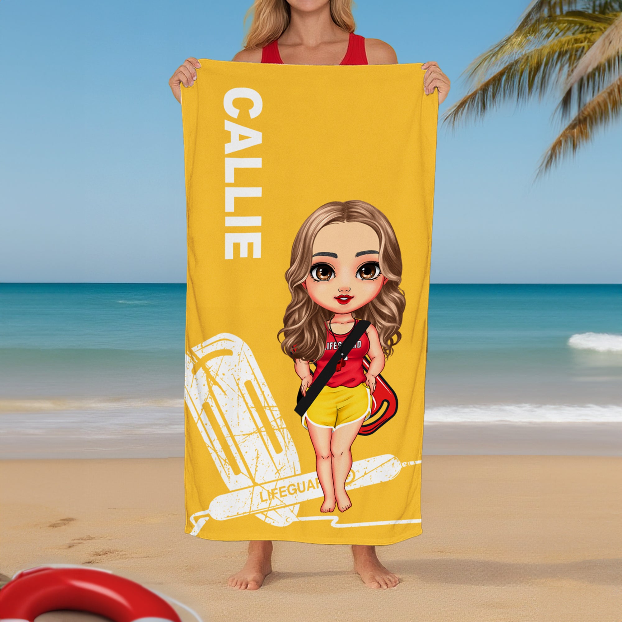 Toalla de playa de secado rápido personalizada de dibujos animados con nombre Actividades al aire libre Regalo esencial de verano para salvavidas