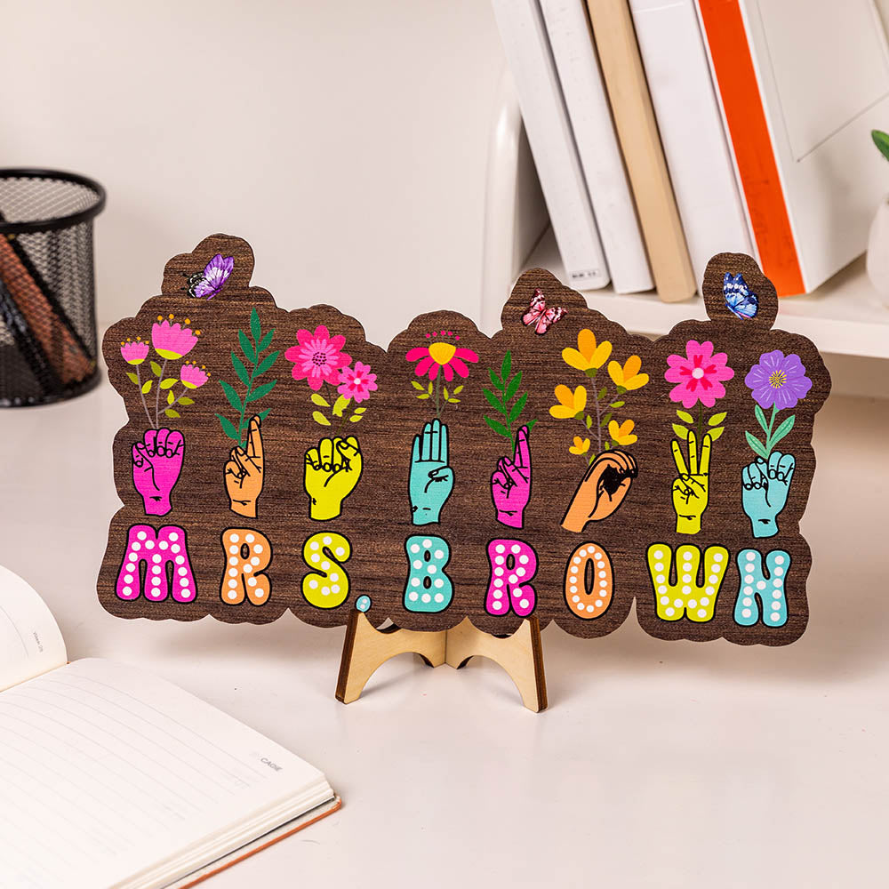 Colgador de puerta de madera personalizado con el nombre del profesor en lengua de signos y flores de colores Regalo de agradecimiento por el Día del Profesor