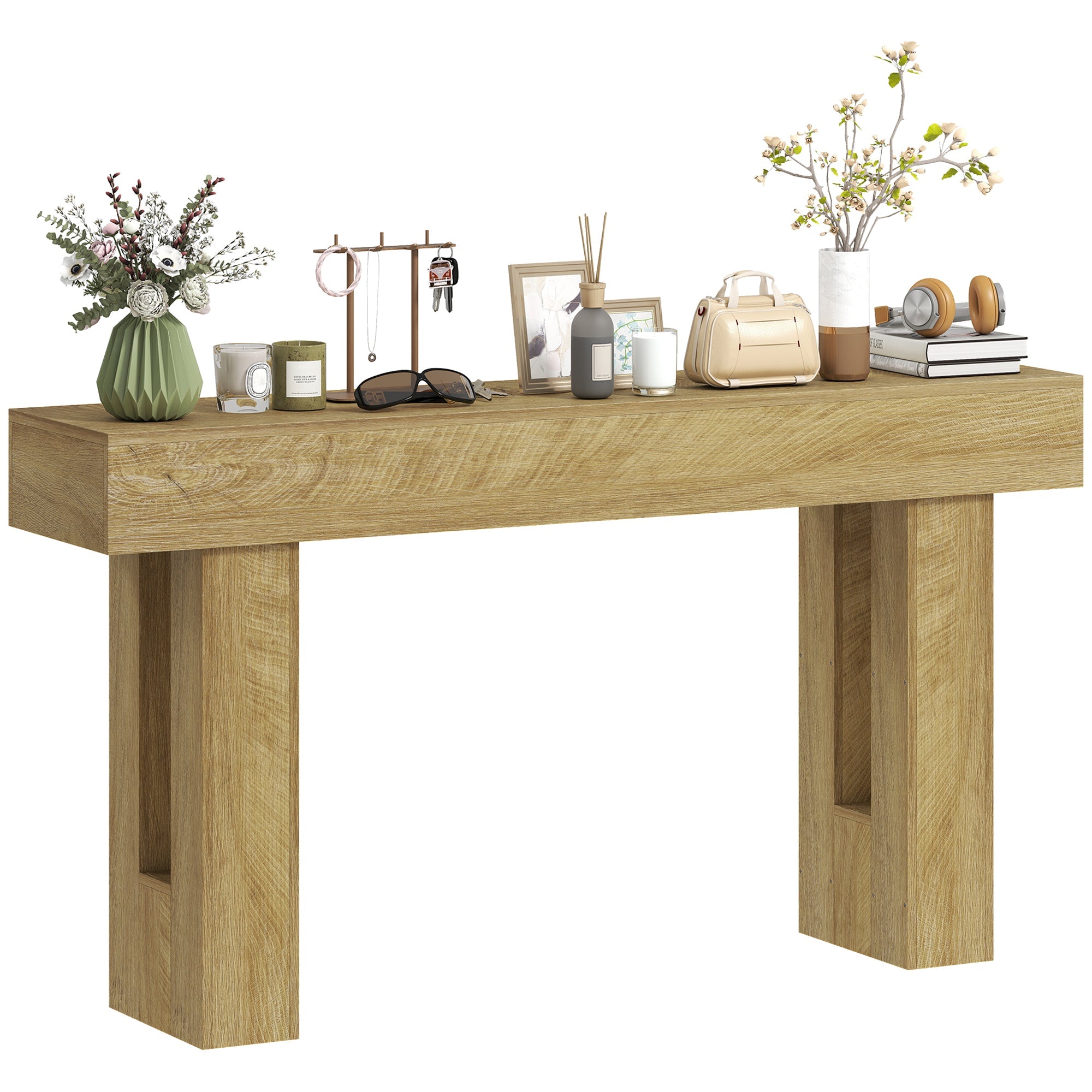 63" Narrow Farmhouse Console Table with Thickened Top for Entryway, Oak