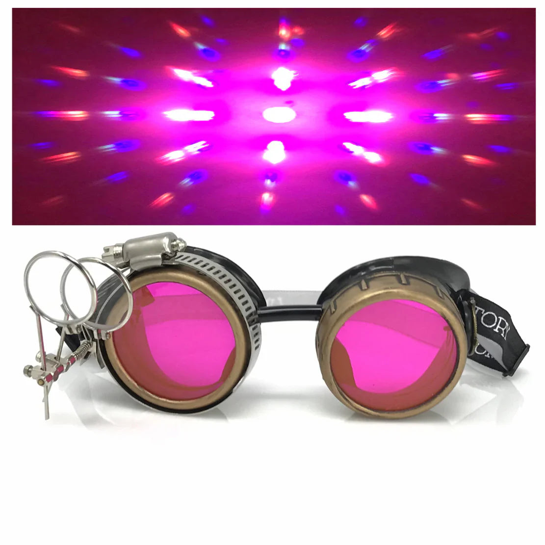 Steampunk Goggles With Magnifying Loupes UV Glow Neon Pink Prism Diffraction Lenses