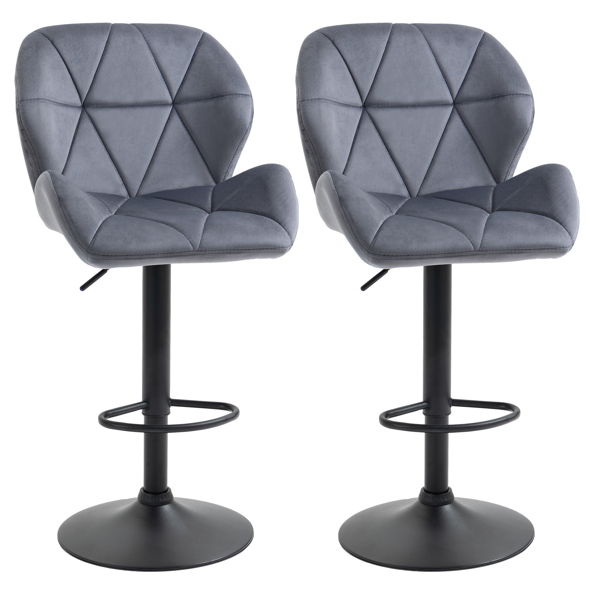 Set of 2 Adjustable Tufted Velvet Bar Stools with Wide Seat, Grey