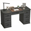 55" Farmhouse Executive Desk, Computer Desk with Drawers, Study Table for Home Office, Black Wood Grain