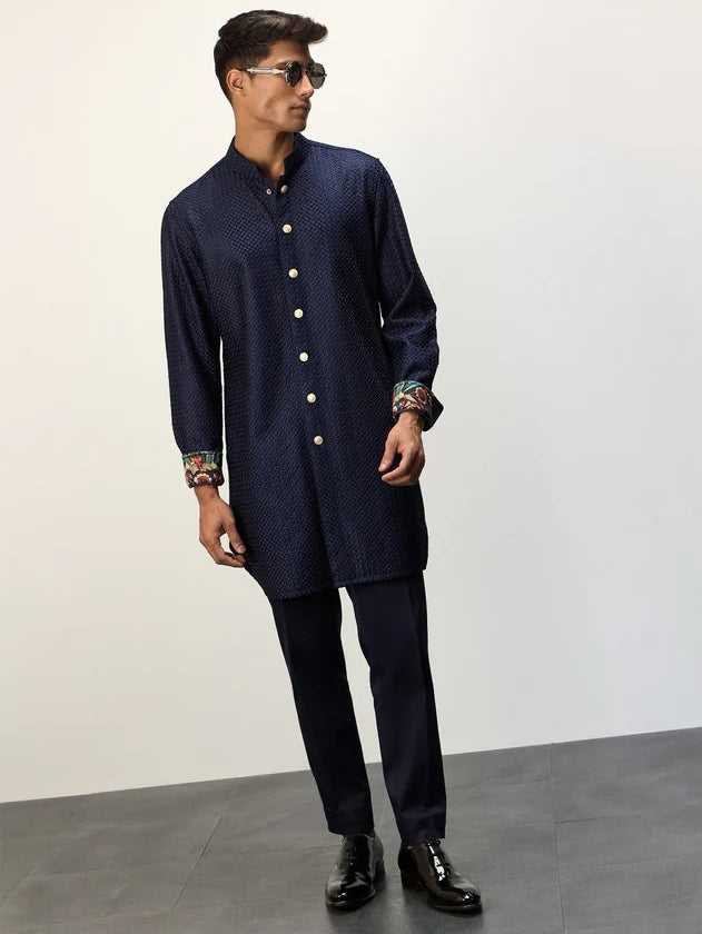 Navy Blue Chanderi Inara Kurta Set By KYNAH, Luxury Indian Fashion & Bridal Wear
