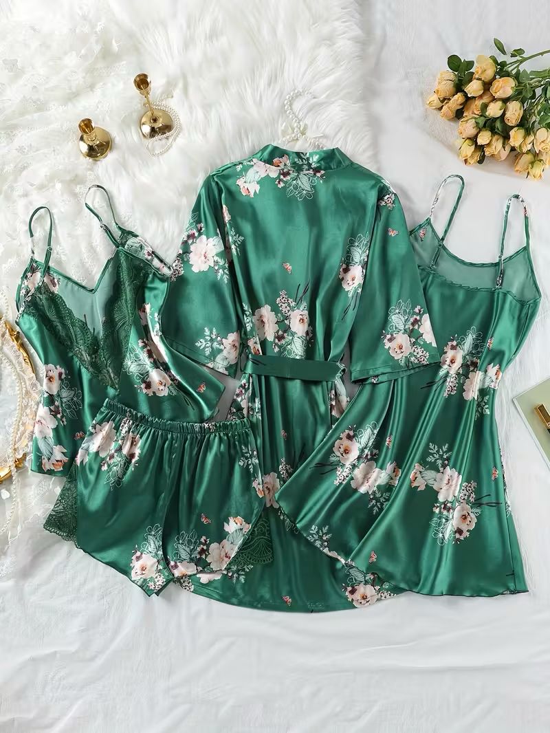 PIJAMA SATÉN 4 PIEZAS-VERDE – JARDIN POÉTIQUE