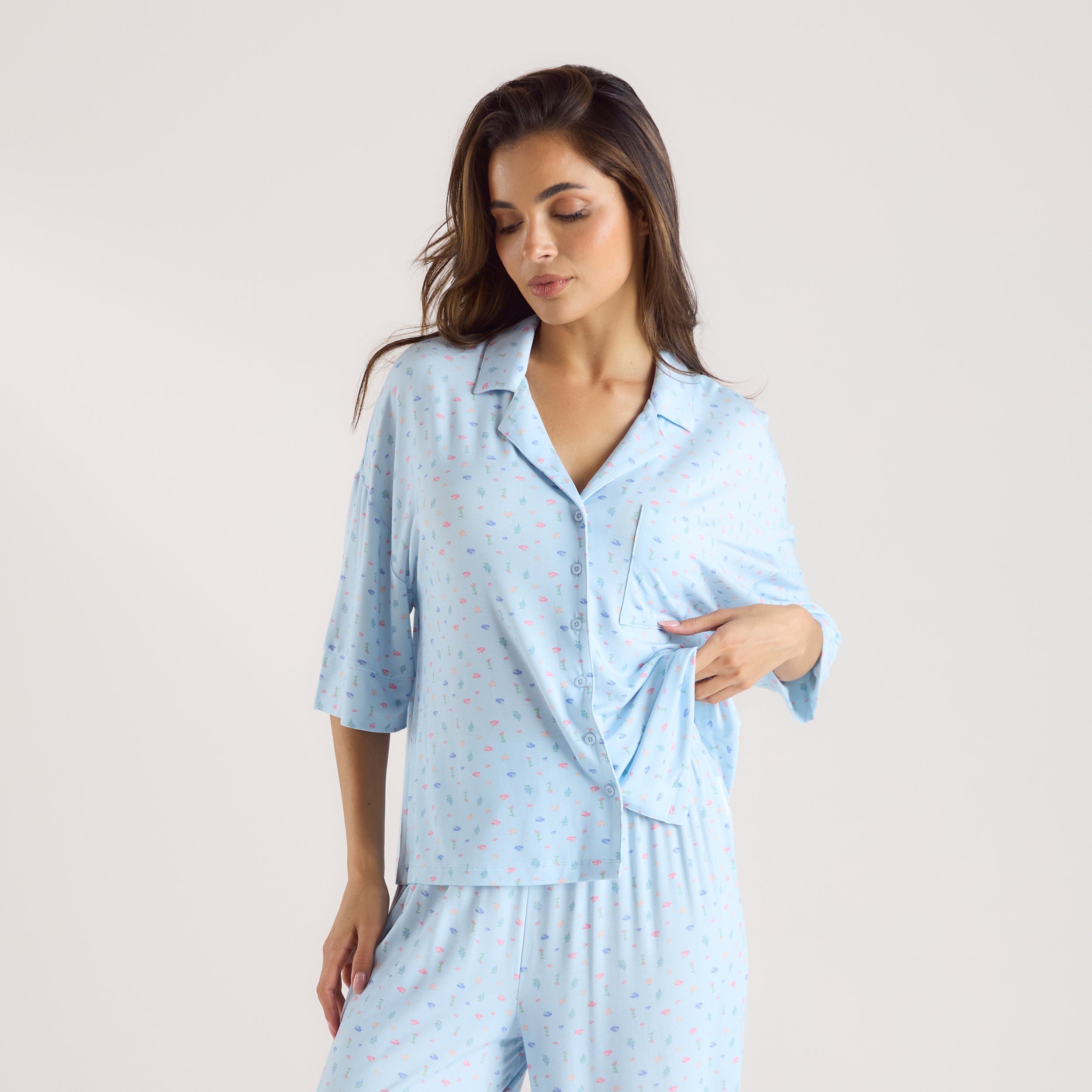 Lounge Underwear Modal Short Sleeve Pyjama Shirt - Blue Floral