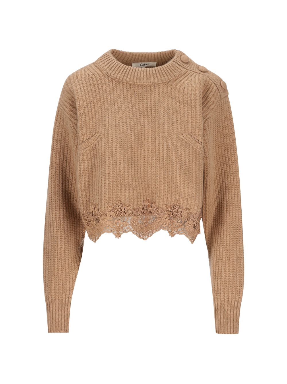 Chloé Lace-Trim Ribbed Knit Sweater — Beige