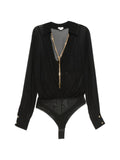 Elisabetta Franchi Wrap-Style Semi-Sheer Bodysuit — Black