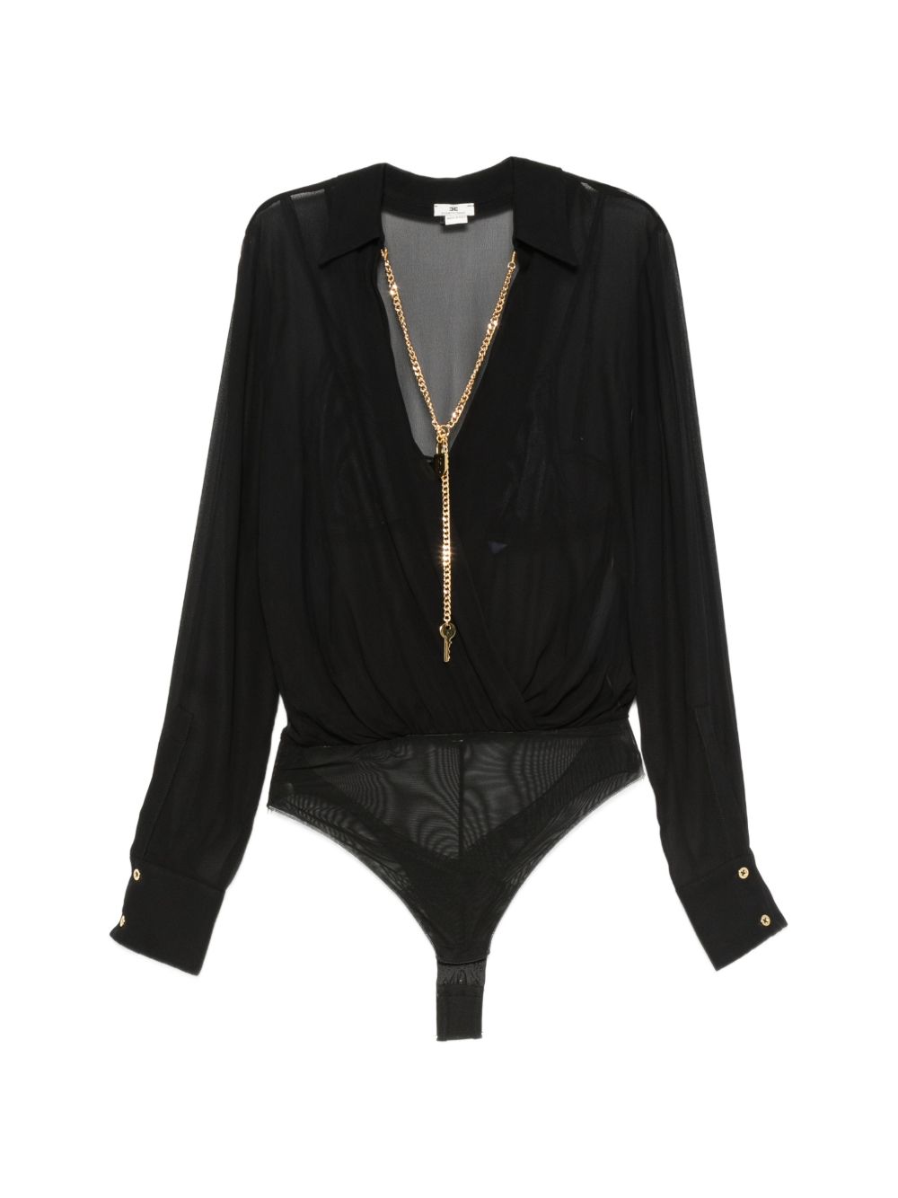 Elisabetta Franchi Wrap-Style Semi-Sheer Bodysuit — Black