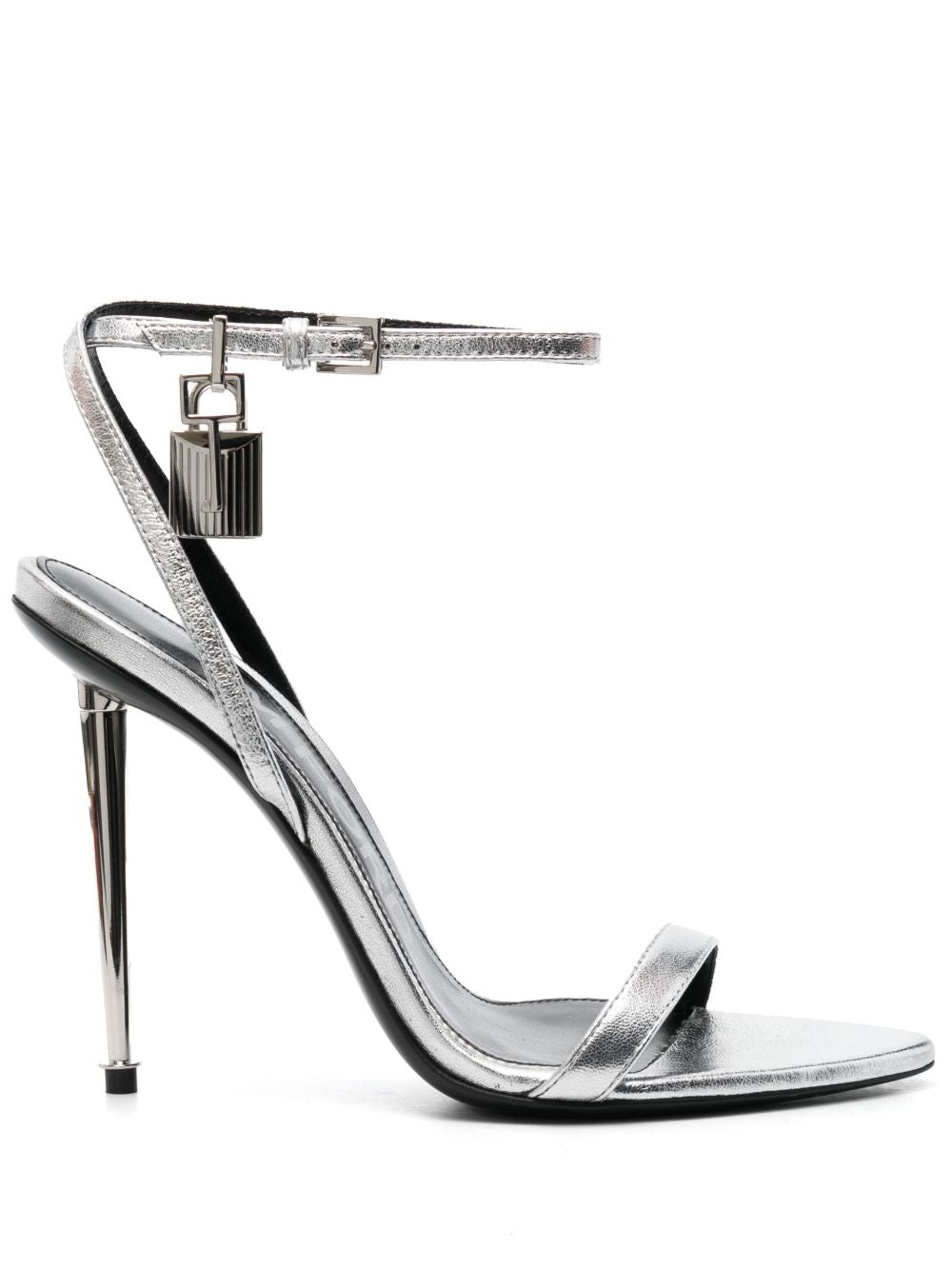Tom Ford Padlock-Detail Metallic Calf Leather Sandal — Silver