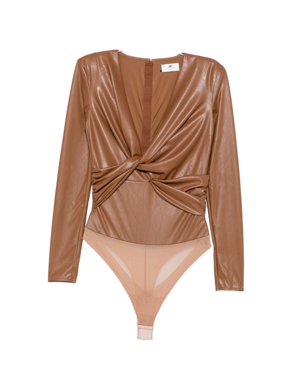 Elisabetta Franchi Faux-Leather Twist-Detail Bodysuit — Brown