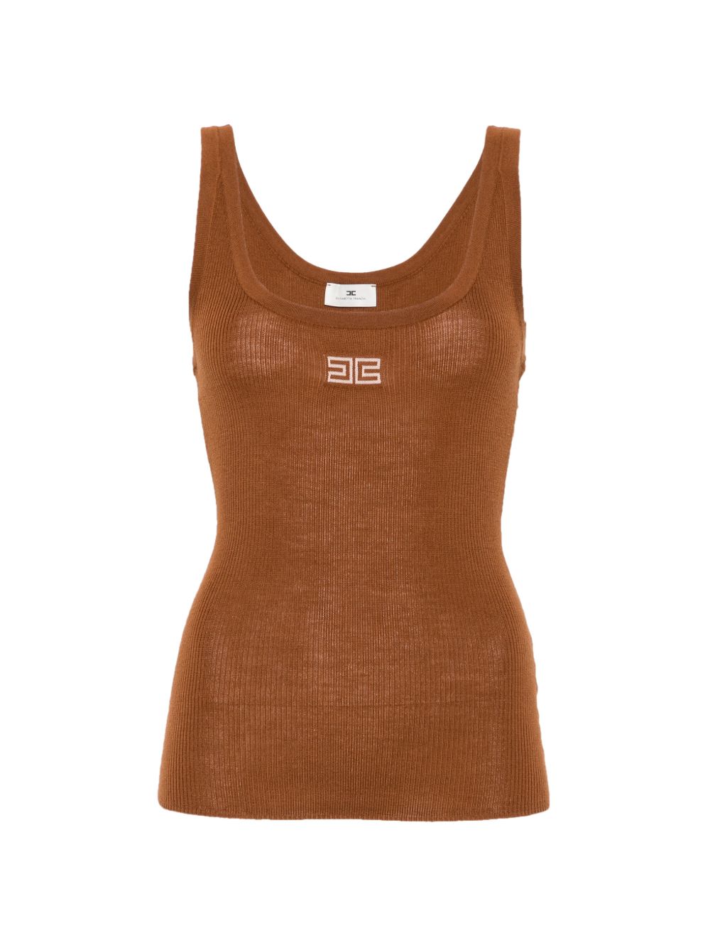 Elisabetta Franchi Ribbed-Knit Logo-Embroidered Tank Top — Caramel