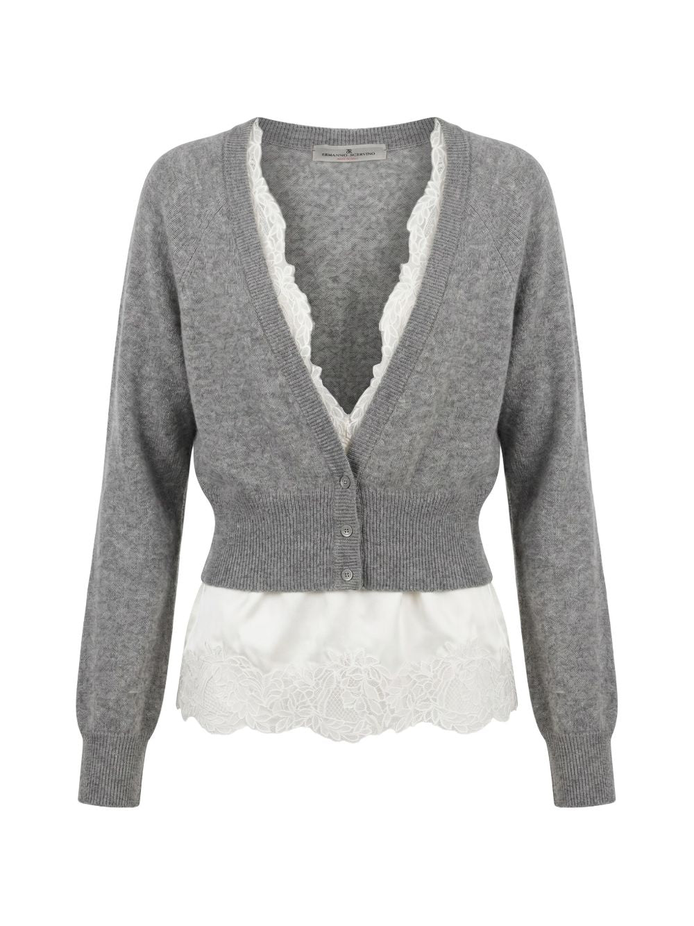 Ermanno Scervino Cashmere Lace-Trim Cardigan — grey