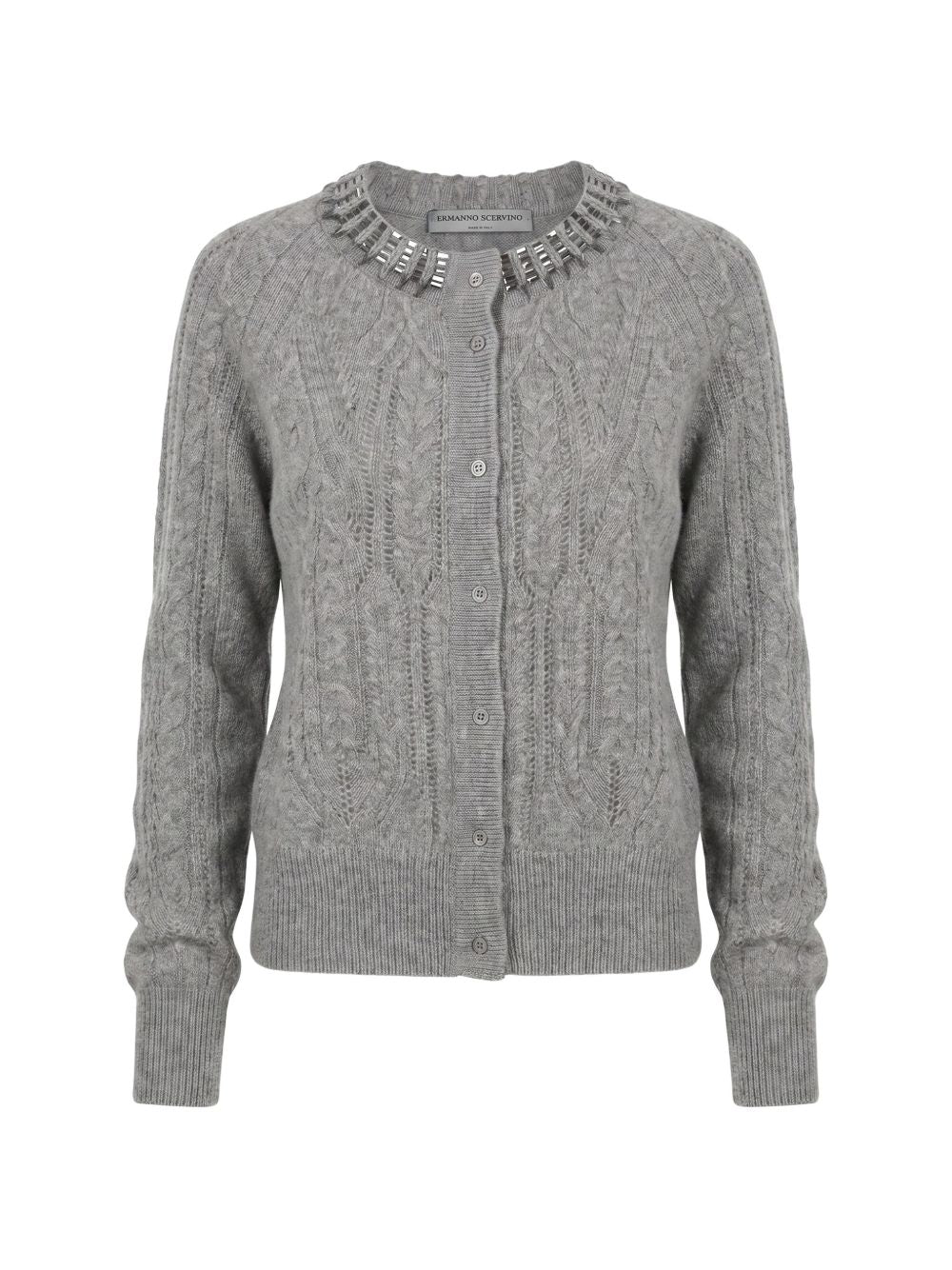 Ermanno Scervino Embellished Cable-Knit Cashmere Cardigan — Grey