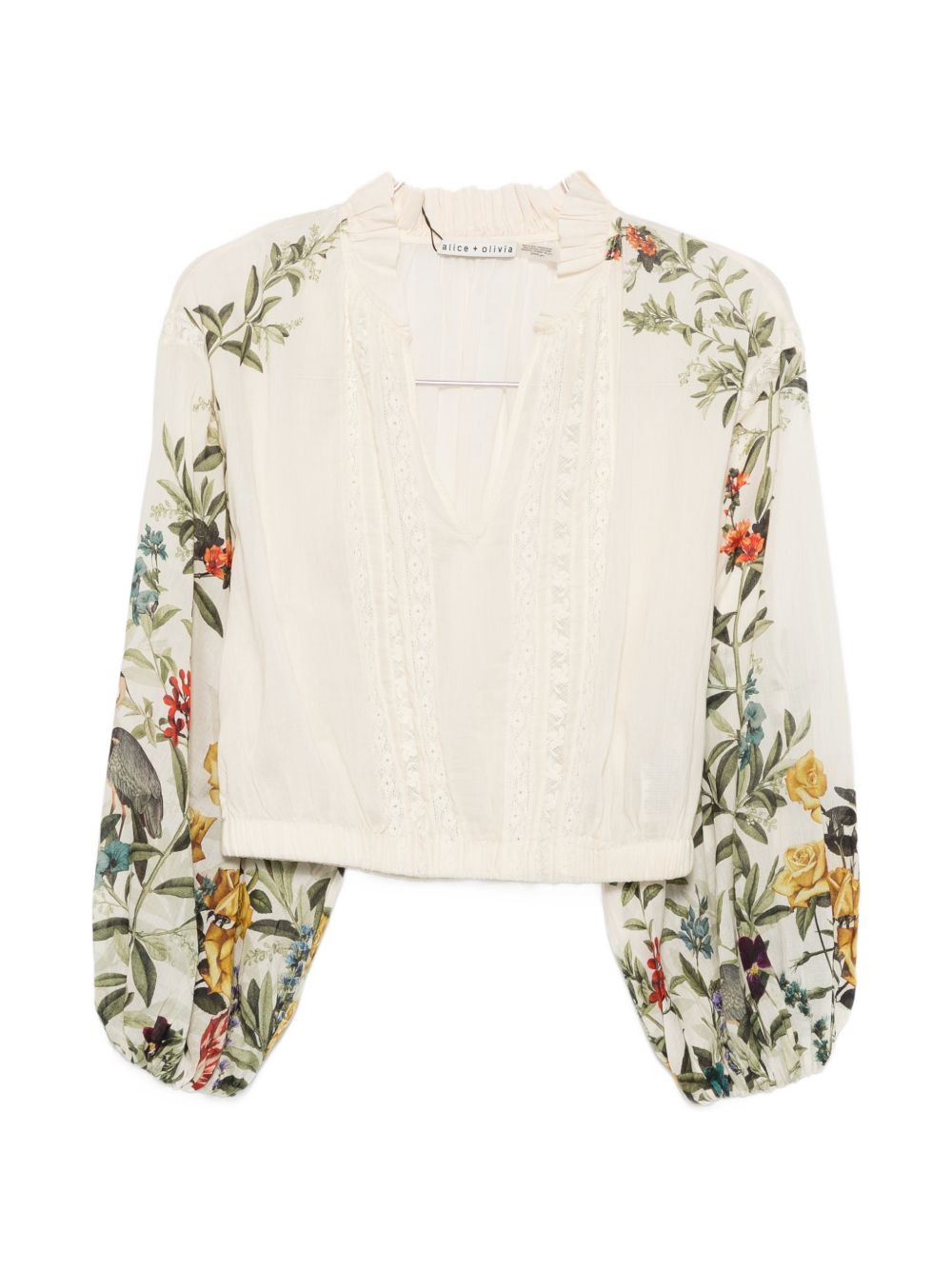 Alice + Olivia Floral-Print Lace-Trim Blouse — Off-white