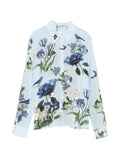 Alice + Olivia Floral Print and Bird Motif Blouse — light blue