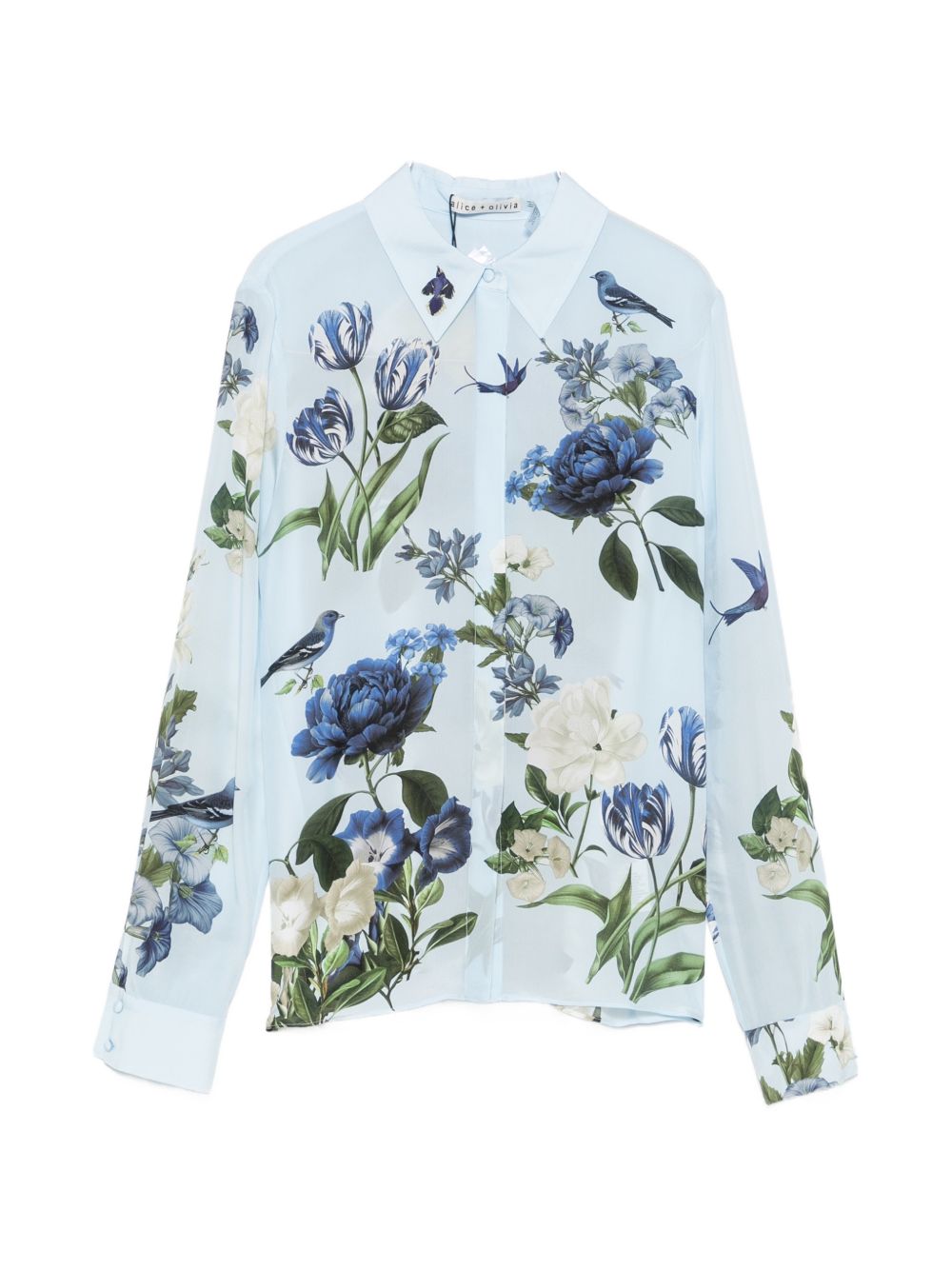 Alice + Olivia Floral Print and Bird Motif Blouse — light blue