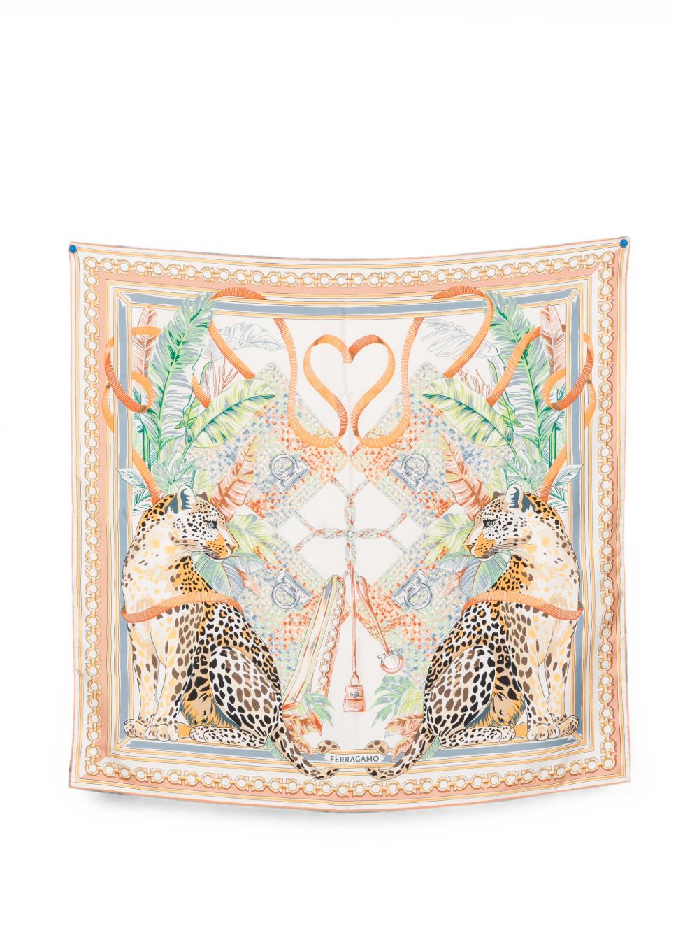 Ferragamo Leopard and Tropical Leaf Print Silk Scarf — Ivory