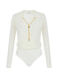 Elisabetta Franchi Gold-Chain Collar Bodysuit — Cream
