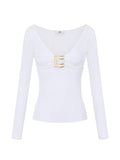 Elisabetta Franchi Gold-Plaque V-Neck Sweater — White