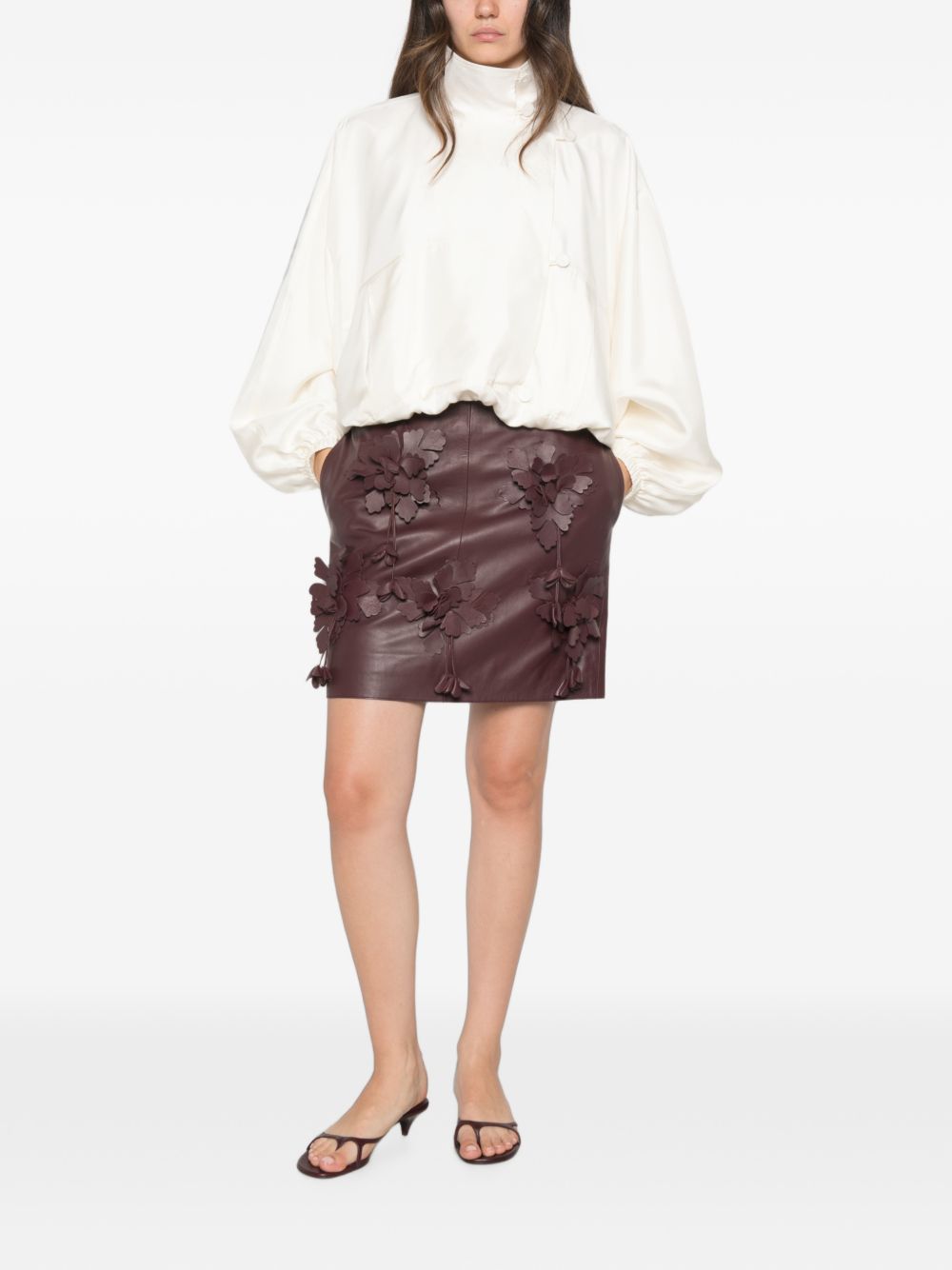 032C Floral Appliqué Leather Skirt — Brown