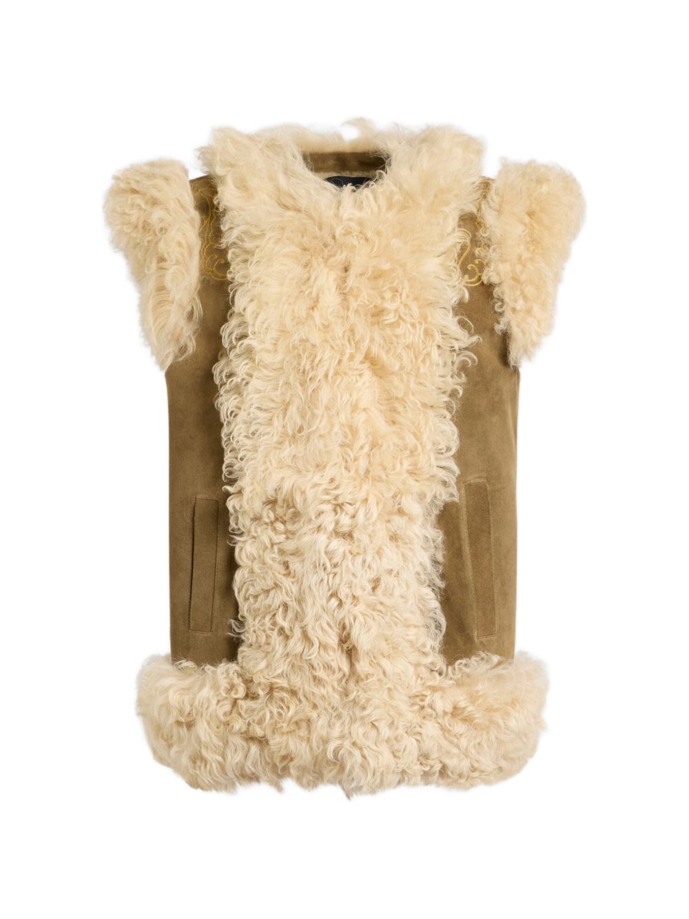 Etro Shearling with Peacock Embroidery Waistcoat — Beige