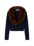 Self-Portrait Fur-Collar Cardigan — Navy