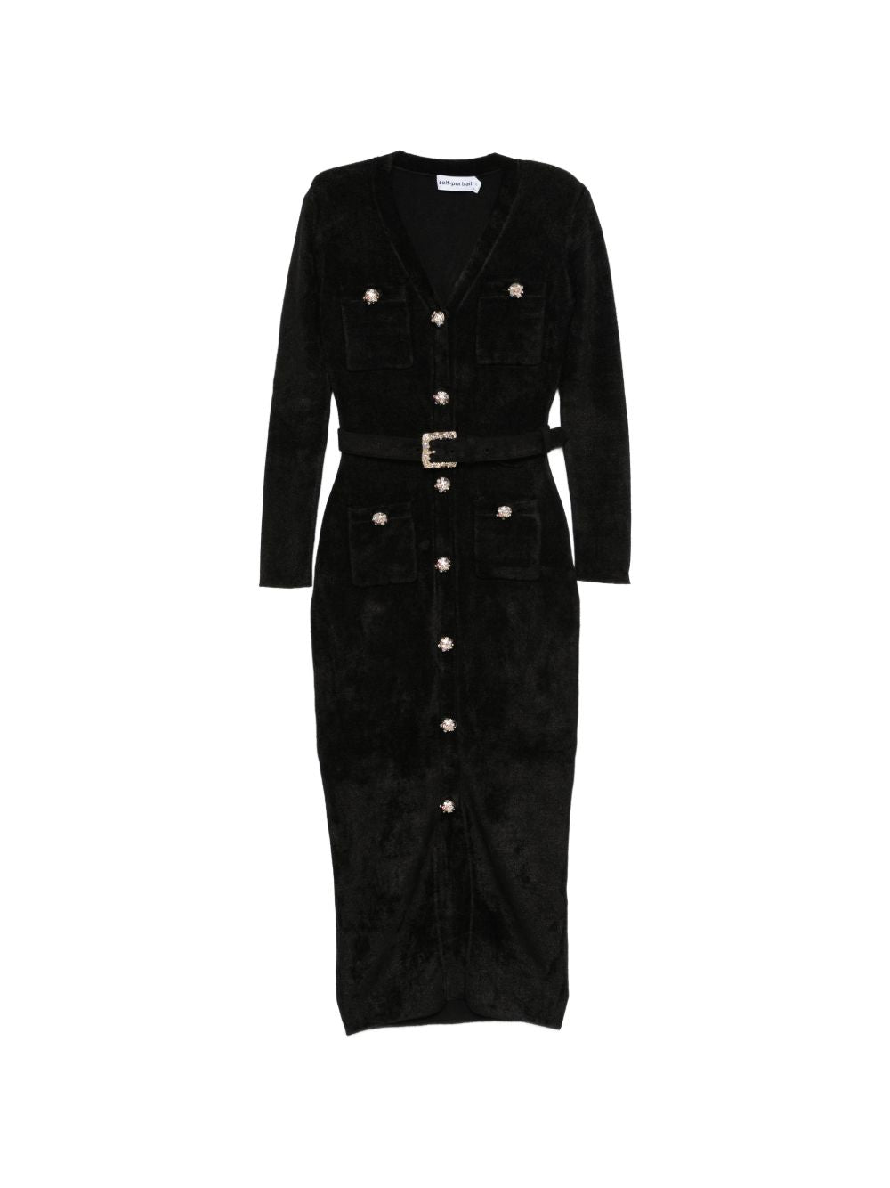 Self-Portrait Jewel-Button Velvet Dress — Black