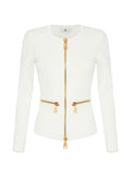 Elisabetta Franchi Golden Zip-Detail Milano Knit Cardigan — Cream
