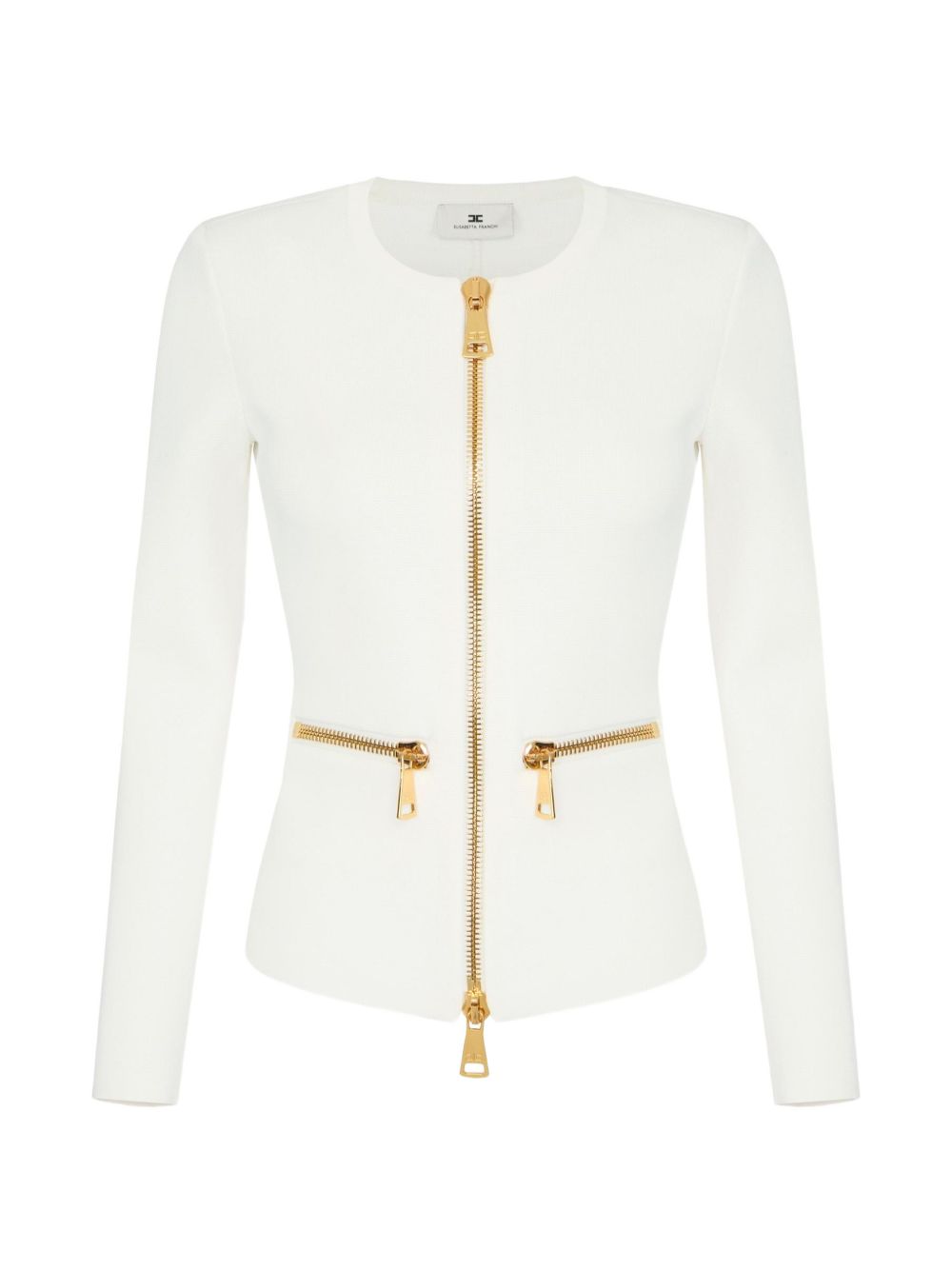 Elisabetta Franchi Golden Zip-Detail Milano Knit Cardigan — Cream