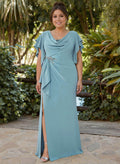 Sheath/Column Illusion Neck Cape Sleeves Floor-Length Elastic Satin Evening Dresses