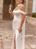 Sheath/Column Off-The-Shoulder Sleeveless Floor-Length Wedding Dresses With High Split