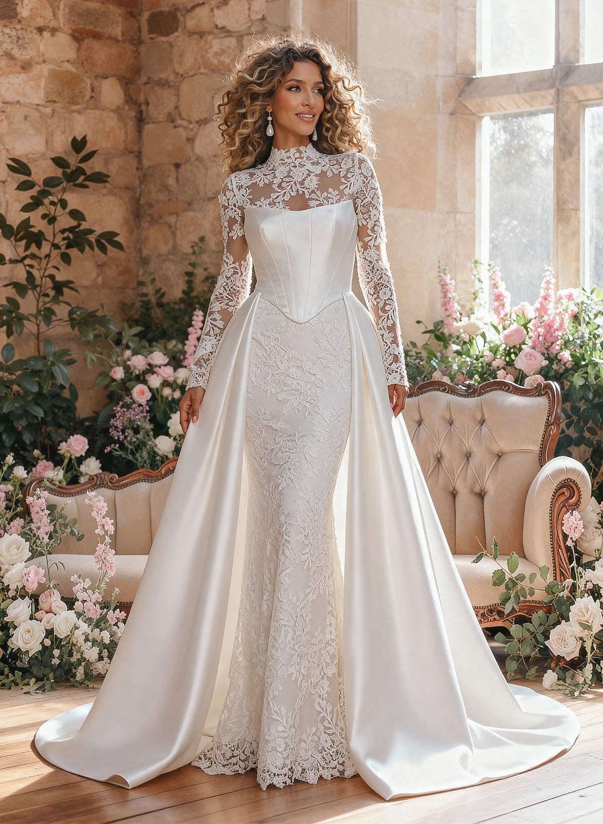 Trumpet Mermaid Ball-Gown High Neck Detachable Sleeves Chapel Train Wedding Dresses