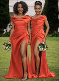 Trumpet/Mermaid Cowl Neck Sweep Train Charmeuse Bridesmaid Dresses With High Split