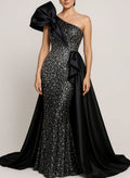 Sheath Column One-Shoulder Sleeveless Sweep Train Glitter Lace Soft Satin Wedding Dress With Bow Appliques Lace Shoulder Ruffle Overskirt Dress