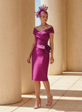 Sheath Off-The-Shoulder Sleeveless Knee-Length Satin Cocktail Dresses With Ruffle