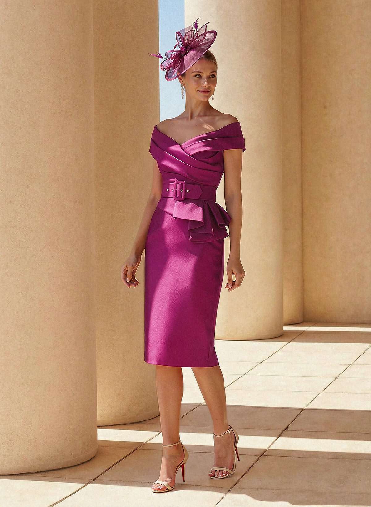 Sheath Off-The-Shoulder Sleeveless Knee-Length Satin Cocktail Dresses With Ruffle