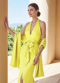 Unique Halter Plunge Neck Bow Accented Mother Of The Bride Dresses With Shawl